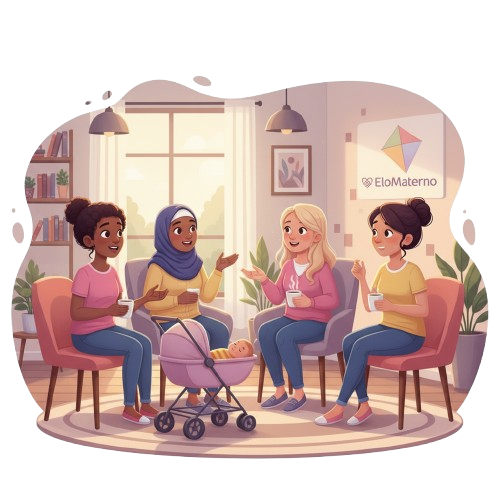 Ilustração de mulheres conversando e trocando experiências em um ambiente acolhedor.